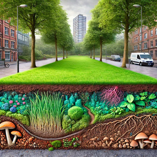 Comparison of healthy, carbon-rich soil vs. degraded urban dirt in a Sheffield park. Fungi and mycorrhizal networks enhance carbon sequestration and biodiversity.