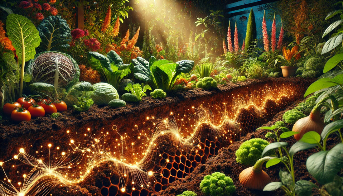 Illustration of a vibrant garden with diverse crops growing in rich, dark soil enriched with bio-char, featuring glowing soil food web networks and thriving plants, symbolising soil health, microbial life, and sustainable agriculture.