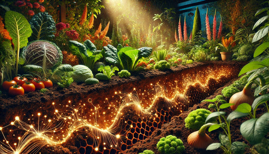 Illustration of a vibrant garden with diverse crops growing in rich, dark soil enriched with bio-char, featuring glowing soil food web networks and thriving plants, symbolising soil health, microbial life, and sustainable agriculture.